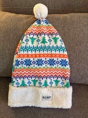 Old Navy White Beanie with Blue, Green & Orange Fair Isle Pom